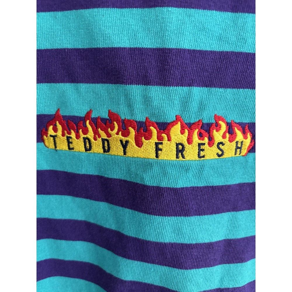 Teddy Fresh Shirt Mens Medium Teal Purple Stripe Flame‎ Logo 100% Cotton Tee